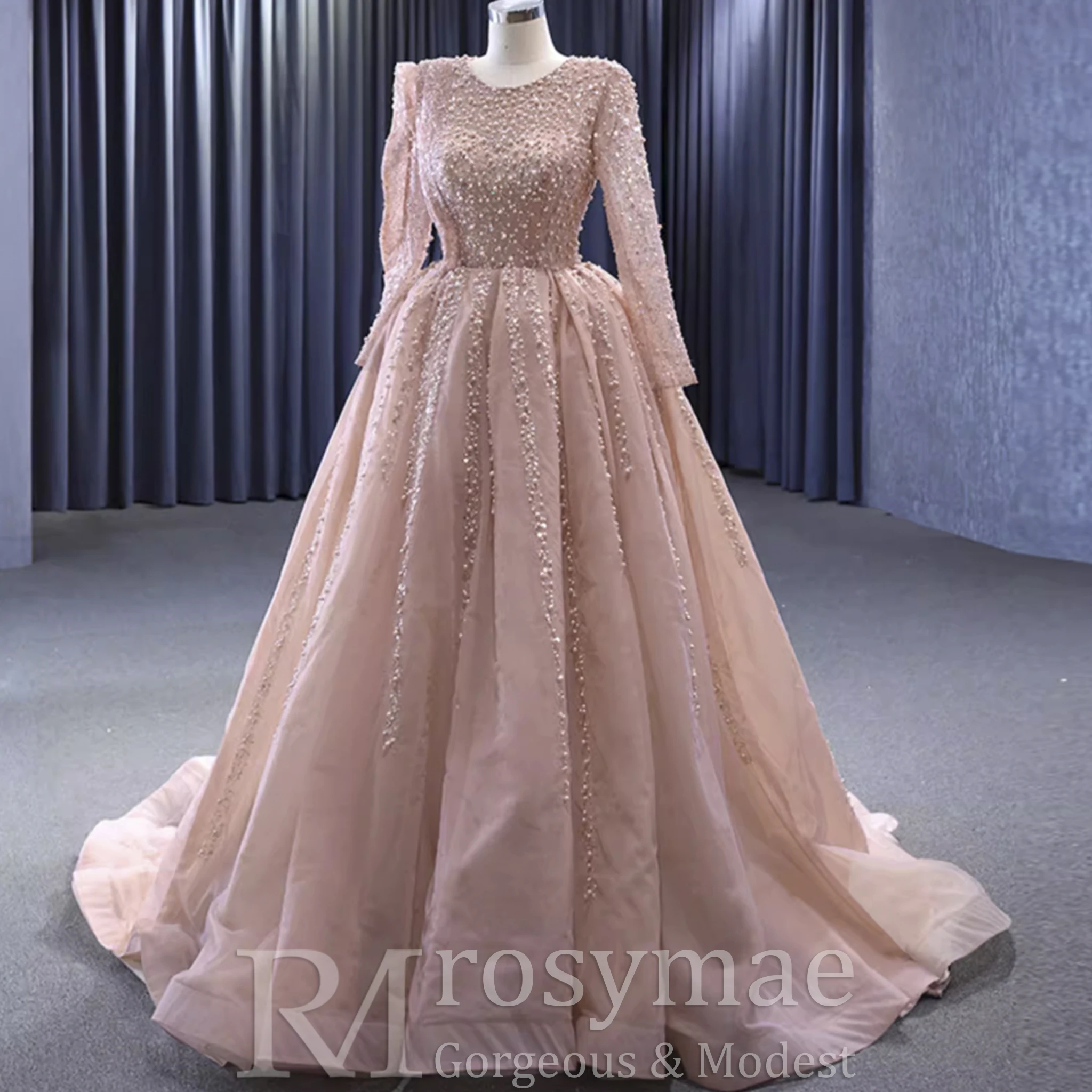 Suknia wieczorowa Rosymae, długa, z długim rękawem, balowa, na konkurs piękności, zdobiona perłami, elegancka, jasnoróżowa, formalna, dla gościa weselnego.