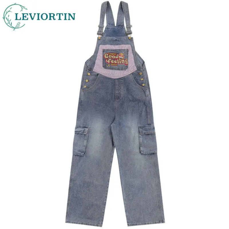 Autumn men's and women's American retro fun embroidered checkered denim wide leg overalls washed fashionable trendy brand pants