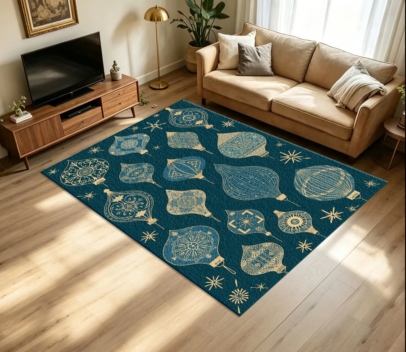 Vintage Golden Christmas Bauble Ornament Carpet Flooring Retro Holiday Element Printed Floor Rug for Household Indoor Home Ornament
