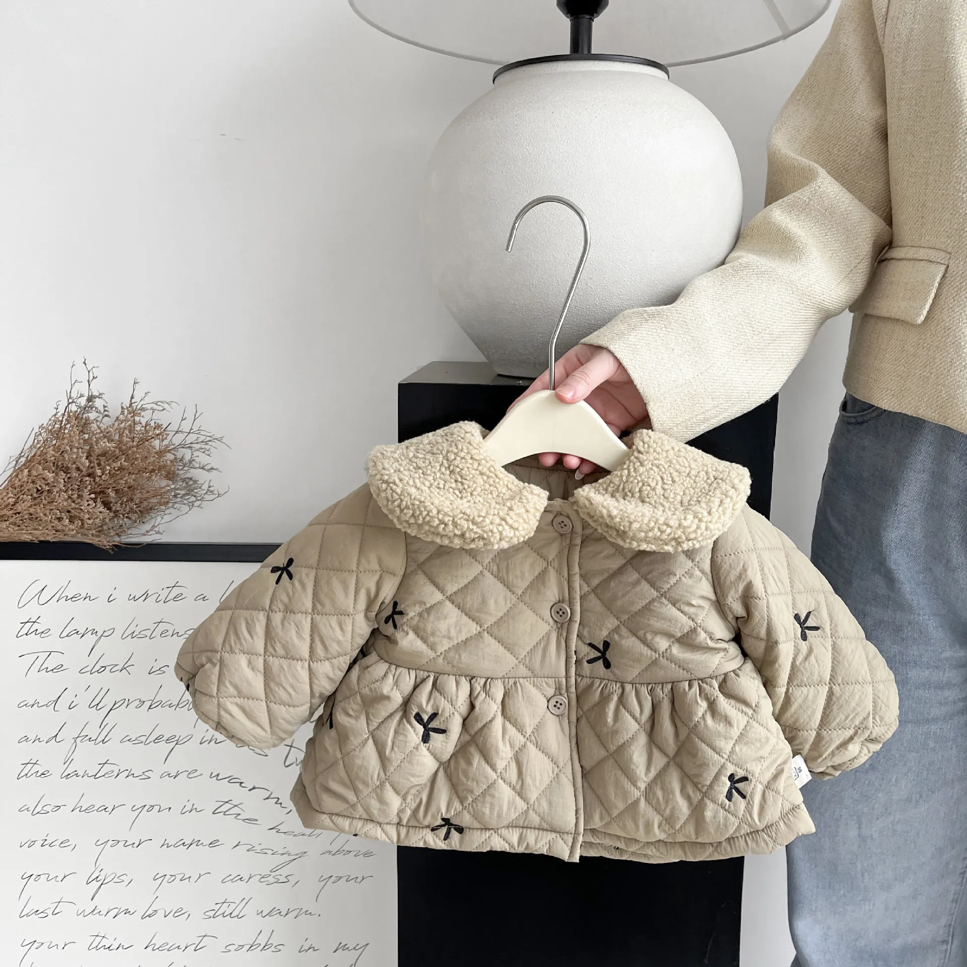 LILIGIRL  Winter Baby Girls Fleece Warm Coat Infant Padded Jacket Plus Velvet Thick Toddler Bow Embroidery Lapel Cardigan Jacket