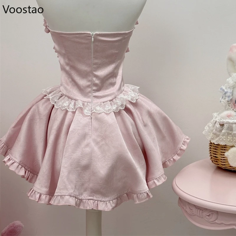 Robe de Style Lolita japonaise pour femmes, Kawaii Y2k, nœud en dentelle, à volants, sans bretelles, rose, Mini robe de soirée coréenne
