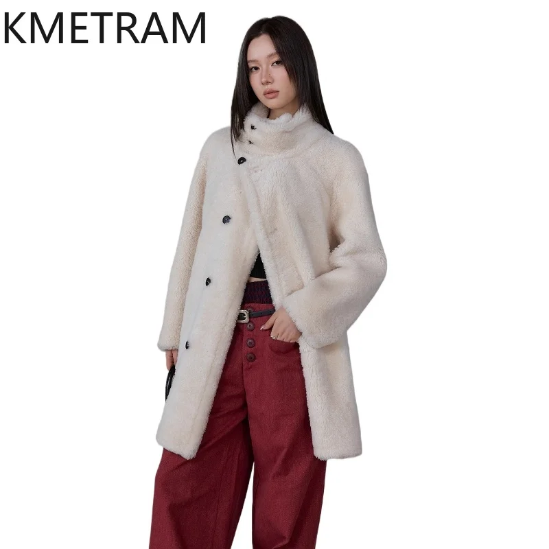 

KMETRAM Natural Merino Sheepskin with Wool Attached Coat Off-white Mid Length Real Fur Jacket Winter Woman Clothing 2025 шуба