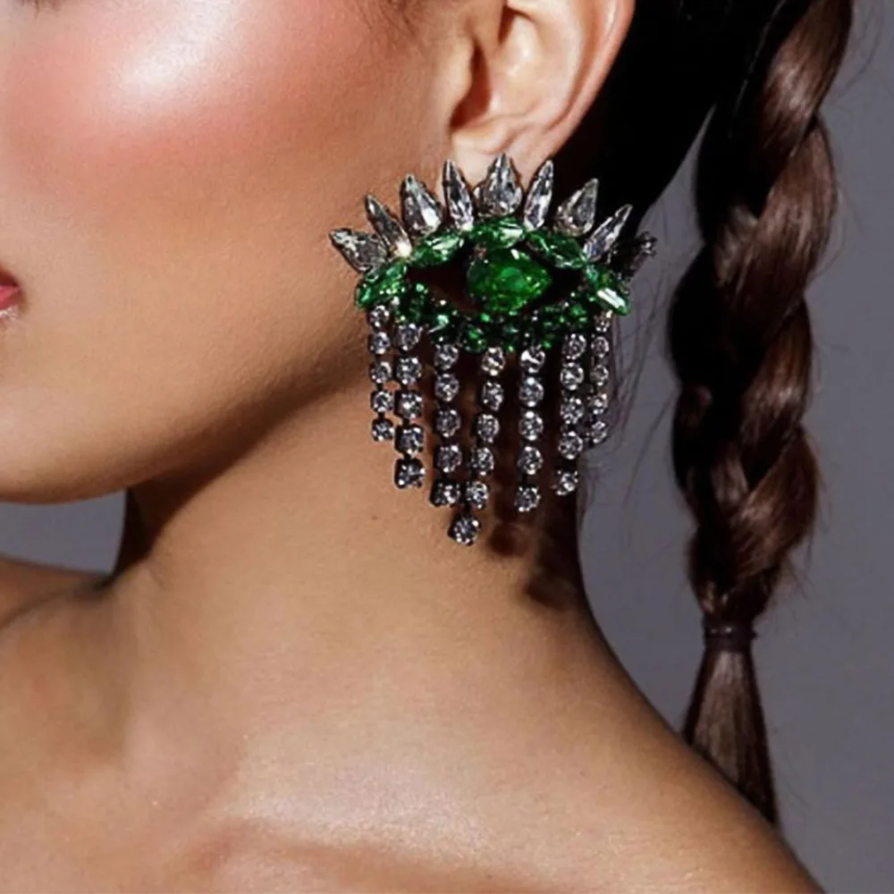 

Exaggerate Evil Eye Drop Earrings Women Wedding Jewelry Vintage Green Hollow Rhinestone Tassel Stud Earrings Christmas Gift