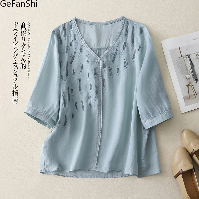 

New Summer Fashion Solid Embroidery V-neck Cotton Linen Chic Loose Casual Cool Blouse Shirts Women Vintage Office Ladies Tops