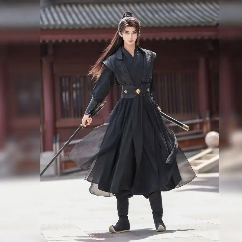 

Cool Black Jaquard Hanfu Men's Traditional Chiense Cross Collar Wuxia Costume Stylish Boys Halloween Night Hero Cosplay Outfits