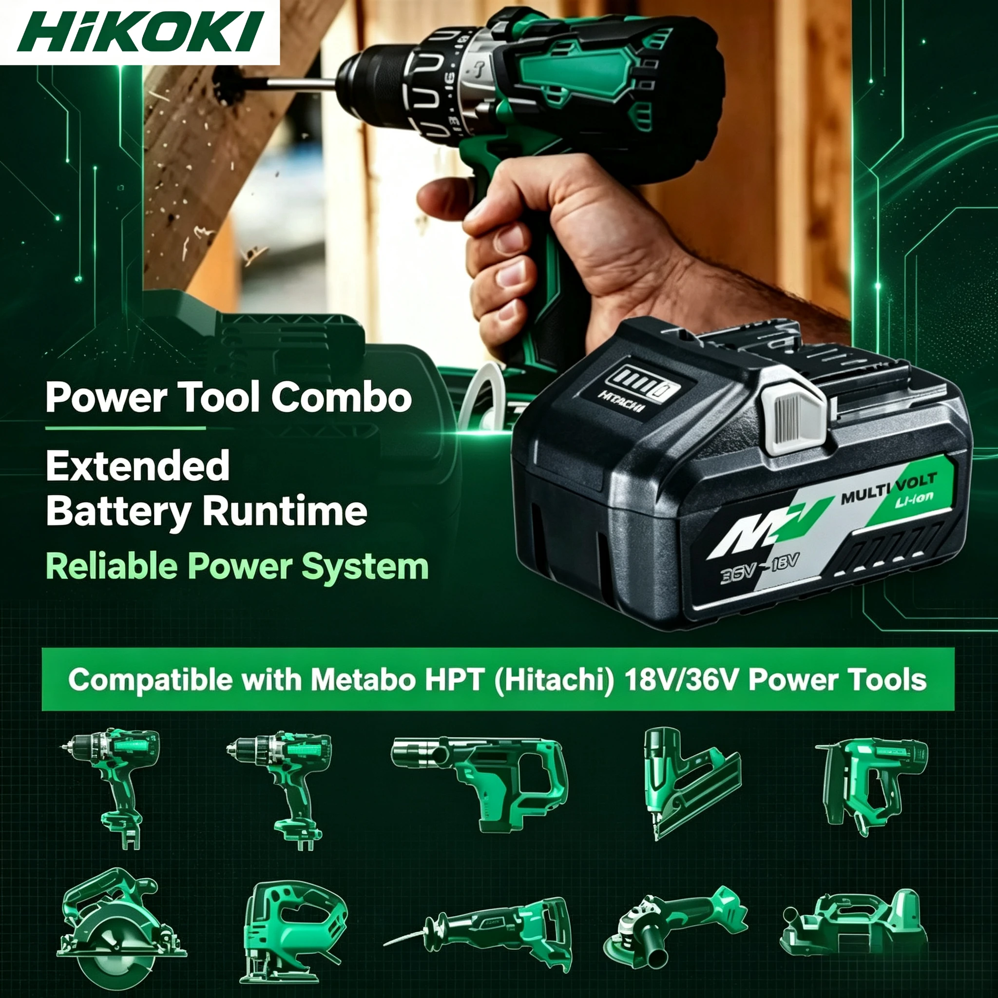 HiKOKI 8.0Ah liion battery,compatible series of 18V/36V brushless drills,provides efficient long-lasting continuous working time