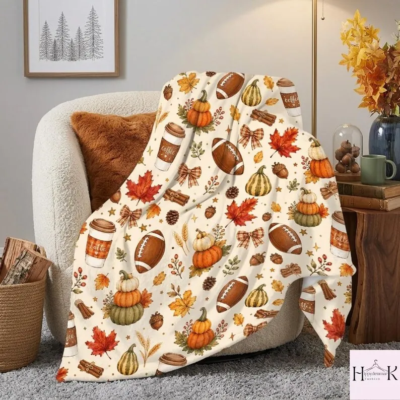 Fall Football Blanket, Pumpkin Spice Latte Throw, Autumn Leaves Cozy Blanket, Thanksgiving Decor, Game Day Gift