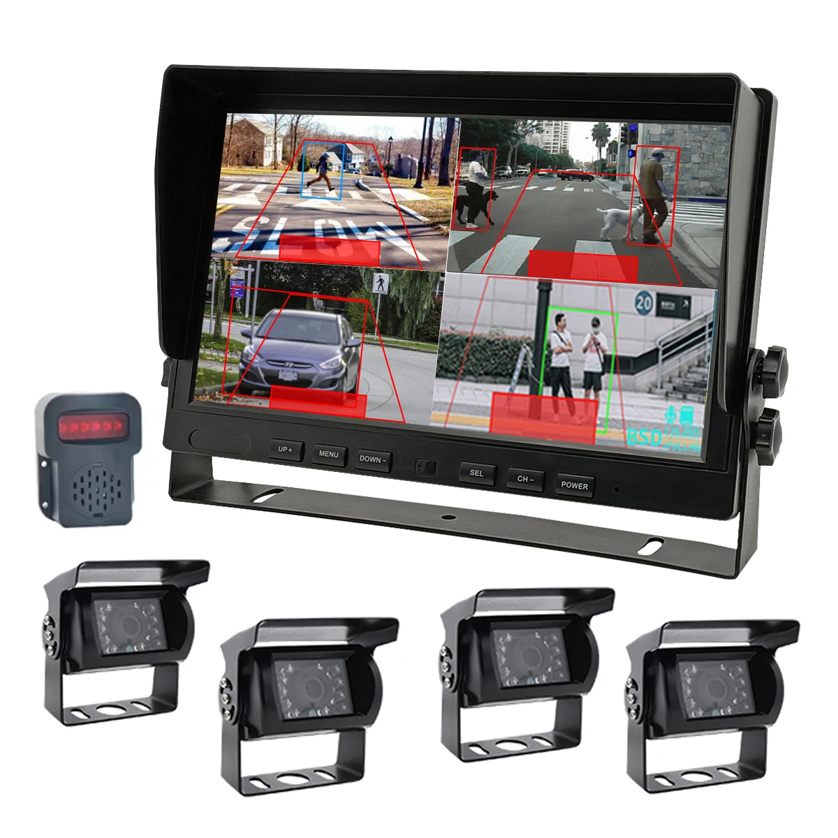 

AI Monitor System 10.1 Inch Quad Screen 4 Channels BSD Pedestrian Detection Camera System with External Buzzer for Truck Bus