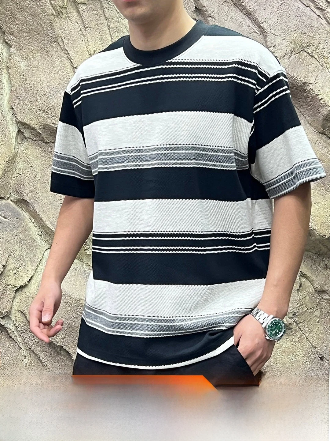 Double Thread American Retro Stripes Short Sleeve T-Shirt Men Loose Japanese Style Casual Cotton Polyester Blend round Neck