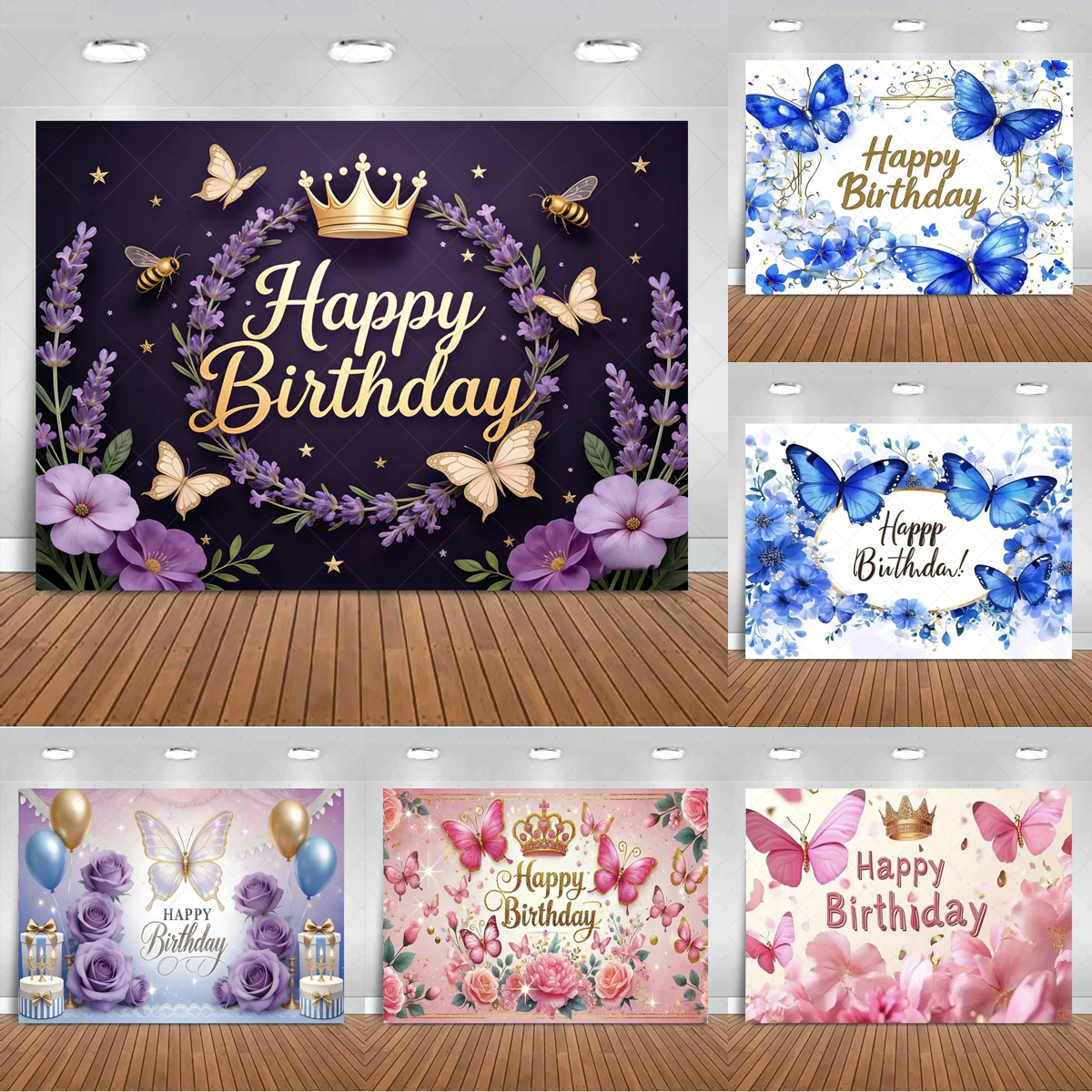 

Мечтательный тематический фон с бабочкой, детские украшения для дня рождения, красочные цветочные воздушные шары, подарки, баннер, реквизит для фотосъемки, принадлежности