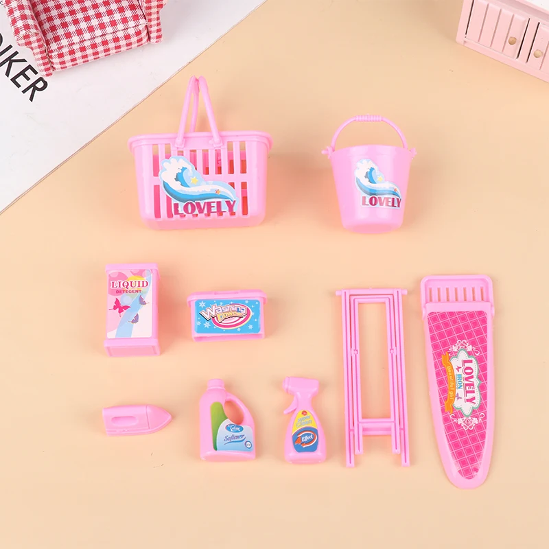 1Set Dollhouse Miniature Laundry Tools Storage Basket Bucket Detergent Electric Iron Home Decor Toy Doll House Accessories
