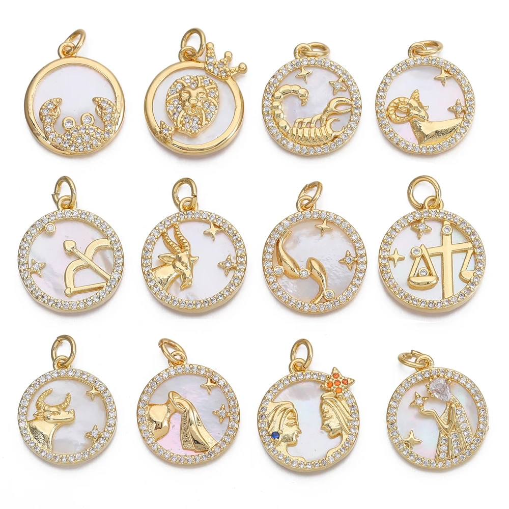 Juya Handmade 18K Real Gold Plated Pearl Shell Medals 12 Zodiac Charms For DIY Luxury Birthstone Pendant Gift Jewelry Making