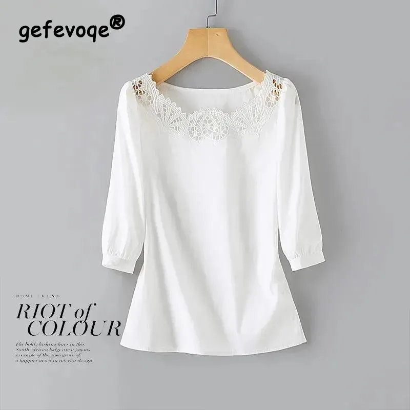 2023 Solid Color Lace Patchwork odzież damska lato nowy Hollow Out koszule z okrągłym dekoltem kobiety 3/4 rękaw swetry T-shirt