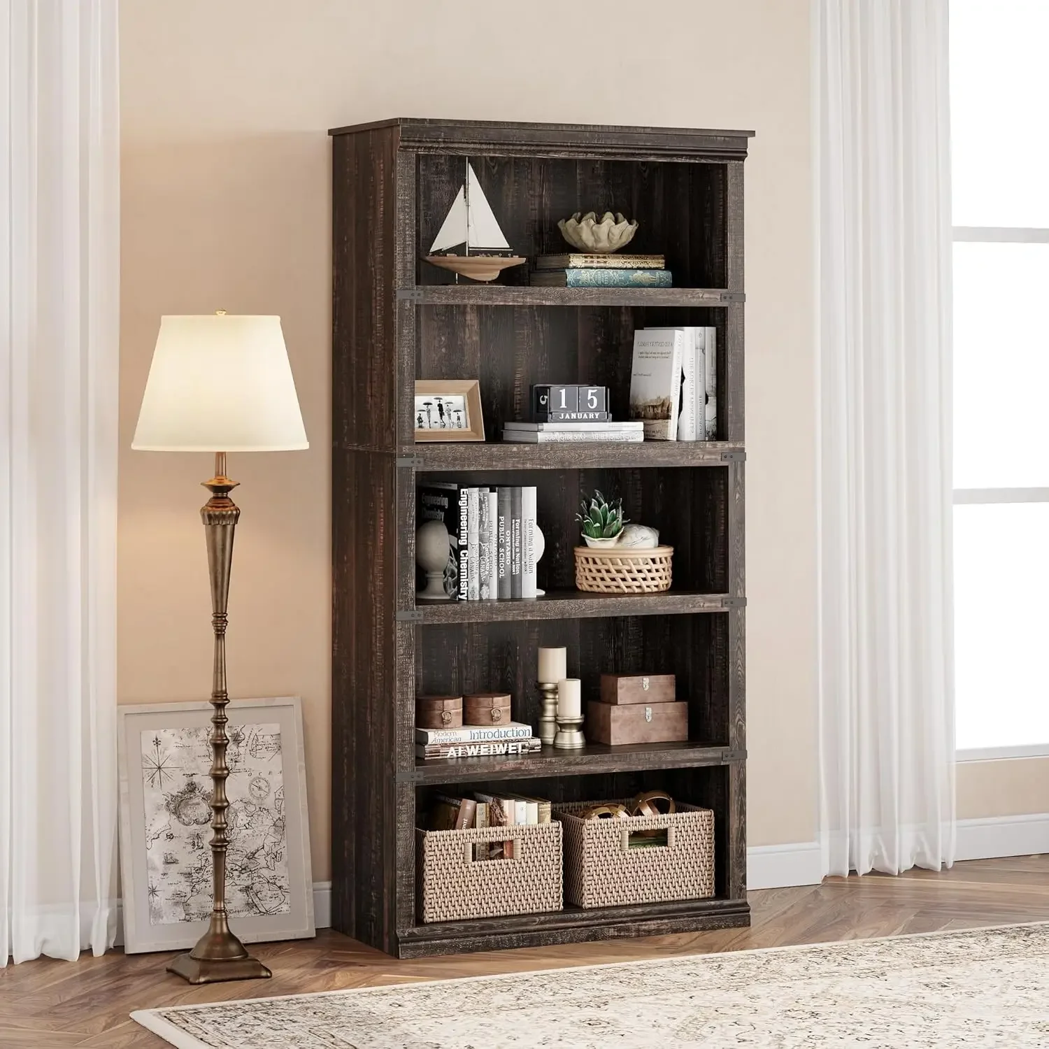 5 Tier Bookcase, Farmhouse Book Shelf with Storage, 71