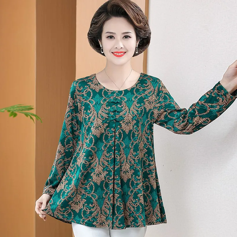 7XL Lady Long Sleeve Shirts Spring Fall Women Pullover Jacquard Middle Age Mother Retro Bottoming Shirt Casual Blouses Tops Tee