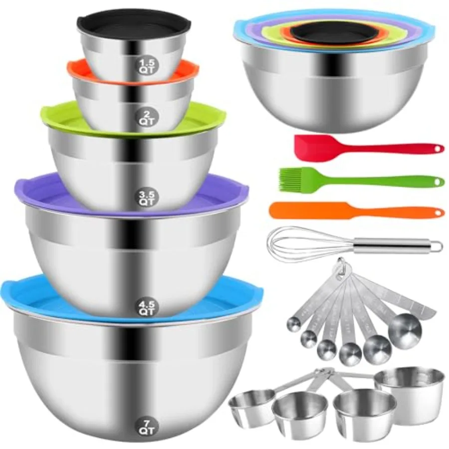 Juego de 25 utensilios de cocina MixinBowls con tapas, incluye cuencos de melamina, cuencos de acero inoxidable, tazas y cucharas medidoras, y batidor para repostería y cocina.