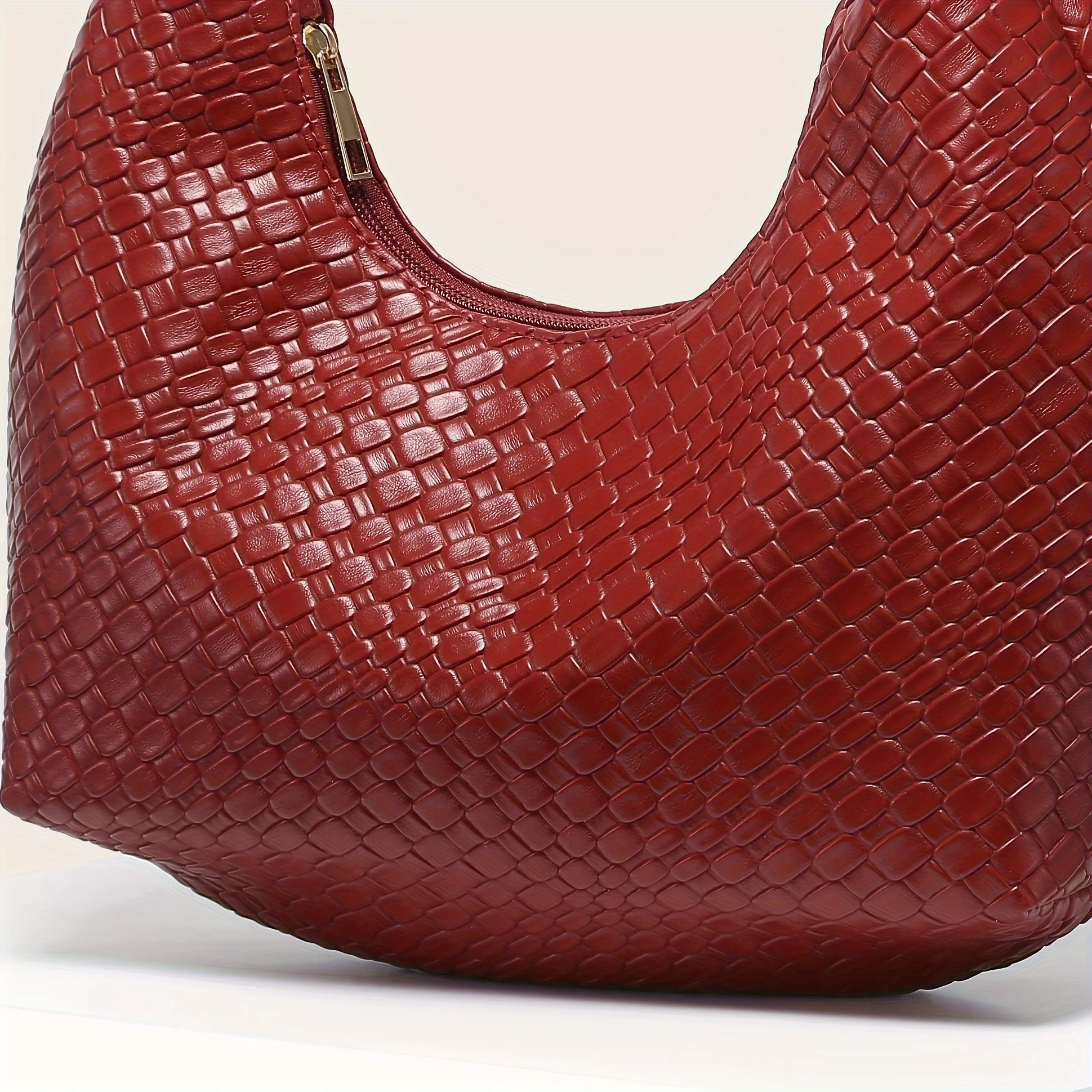 Women\'s elegant Burgundy woven Crescent Handbag - durable imitation leather shoulder tote, stylish underarm handbag