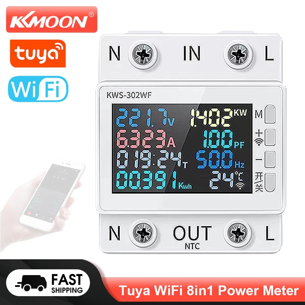 KKMOON Tuya WiFi 8in1 Power Meter 2P AC Energy Meter APP Control 170-270V/63A Voltage Current Meter Standard Rail Mounting