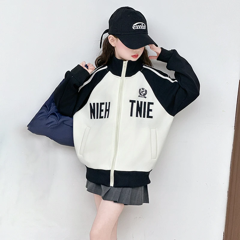 Girls Spring Autumn Baseball Zipper Coat Children Letter Printed Color Blocked Sports Top Jacket Kids Baseball Uniform Clothes