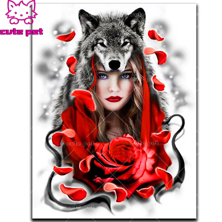 

5D Diamond Painting Wolf woman and rose Cross Stitch Needlework DIY kits Diamond Embroidery mosaic Decoration rhineston puzzle