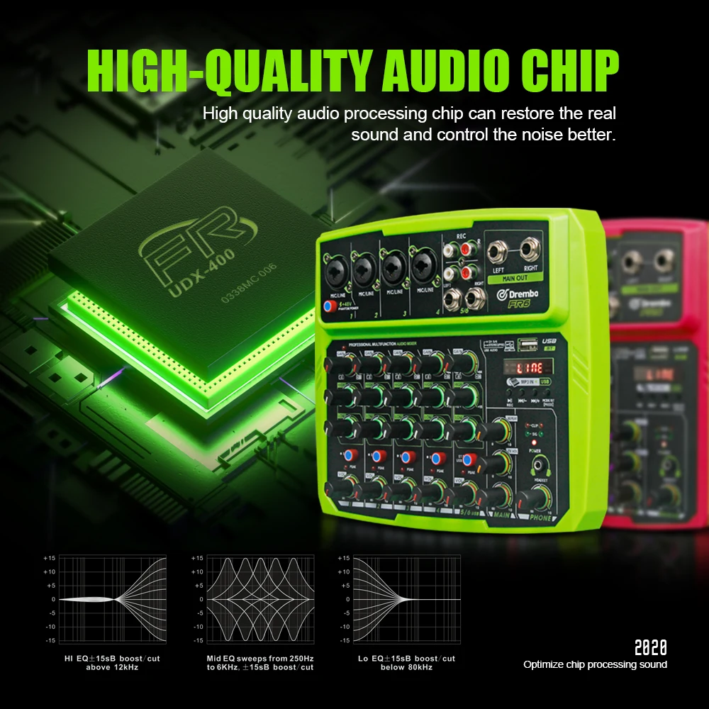 FR6 FR4 DJ Console Mixer de Áudio Com Bluetooth 48V Phantom Power Delay Repaeat Effect Sound Mixing Console USB 4/6 Canais