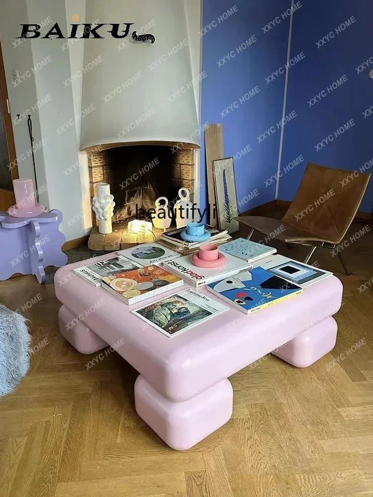 

xxqNordic square pink toffee coffee table living room B & B personalized coffee table solid wood rounded corner coffee table