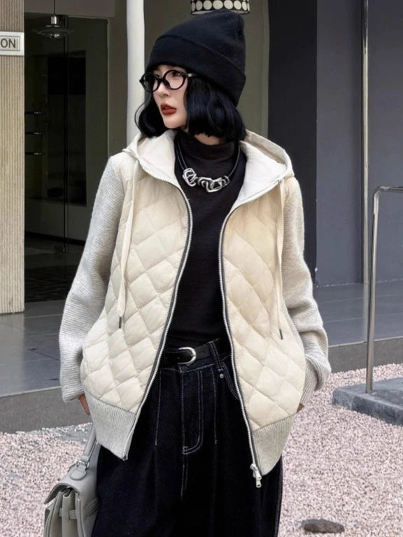 2025 Autumn/Winter New Women's Down Jacket Commuter Knitted Hooded Slimming Goose Down Jacket