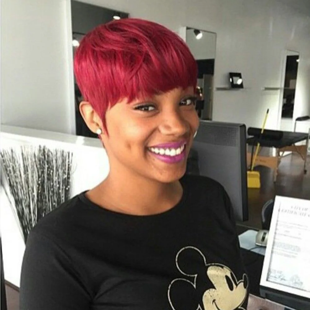 باروكات قصيرة بقص عابث للنساء ذوات البشرة السمراء، باروكة من شعر بشري ريمي بورجوندي مع غرة مصنوعة آليًا للاستخدام اليومي #2