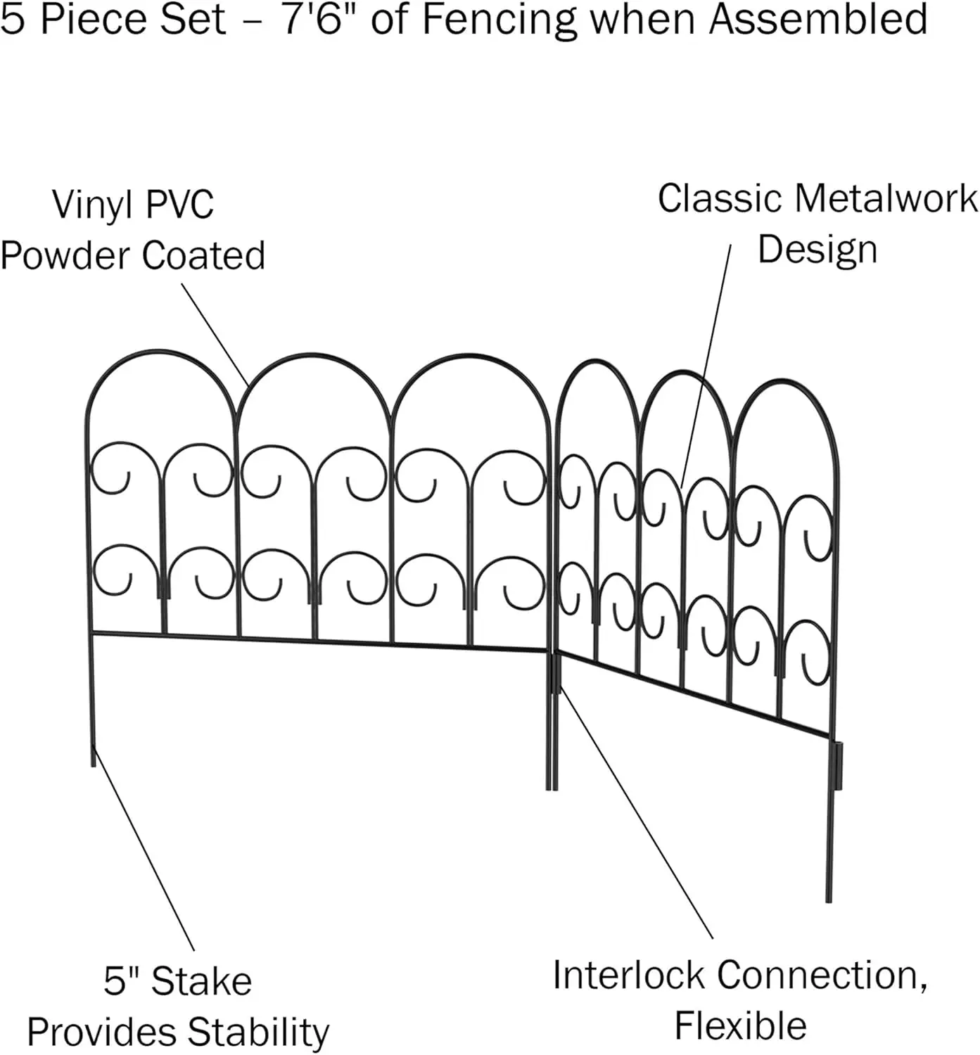 سياج حديقة معدني - مجموعة من 5 ألواح متشابكة لسرير الزهور والمناظر الطبيعية - حواف التمرير المزخرفة مع أوتاد العشب #3