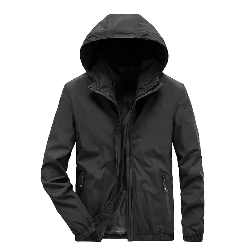 

Casual Thin Light Black Hooded Jacket Men Long Sleeve Coat Boy Outerwear Slim Spring Windbreaker Male Zip Up Jacket Oversize 4xl