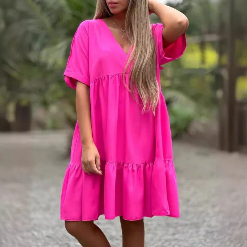 2024Seaside Holiday LeisureVCollar Pleated Solid Color Dress