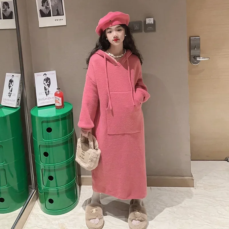 2023 Korean Autumn Winter Children Girl Long Sweater One-piece Dress Teenager Girl Hooded Kangaroo Pocket Oversize Knitwears