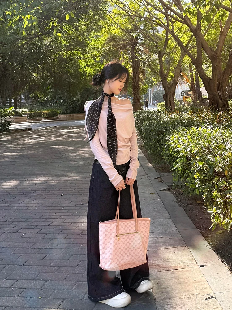 Retro-Tiefblaue Damenjeans mit hoher Taille, lockere Hose mit weitem Bein, Frühlingsdesign, schlankmachende, drapierte, bodenlange Hose