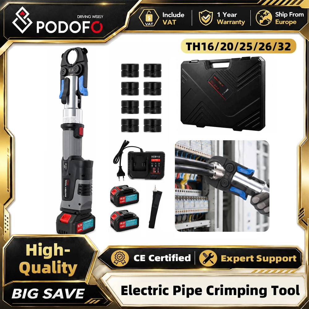 Podofo 18V Elektrisches Hydraulisches Rohrpresswerkzeug-Set für TH16 TH20 TH25 TH26 TH32 U16 U20 U25 U32 Kupfer- und Edelstahlrohre, kabelloses Rohrpresswerkzeug mit 4 Pressbacken, 5Ah Akku und