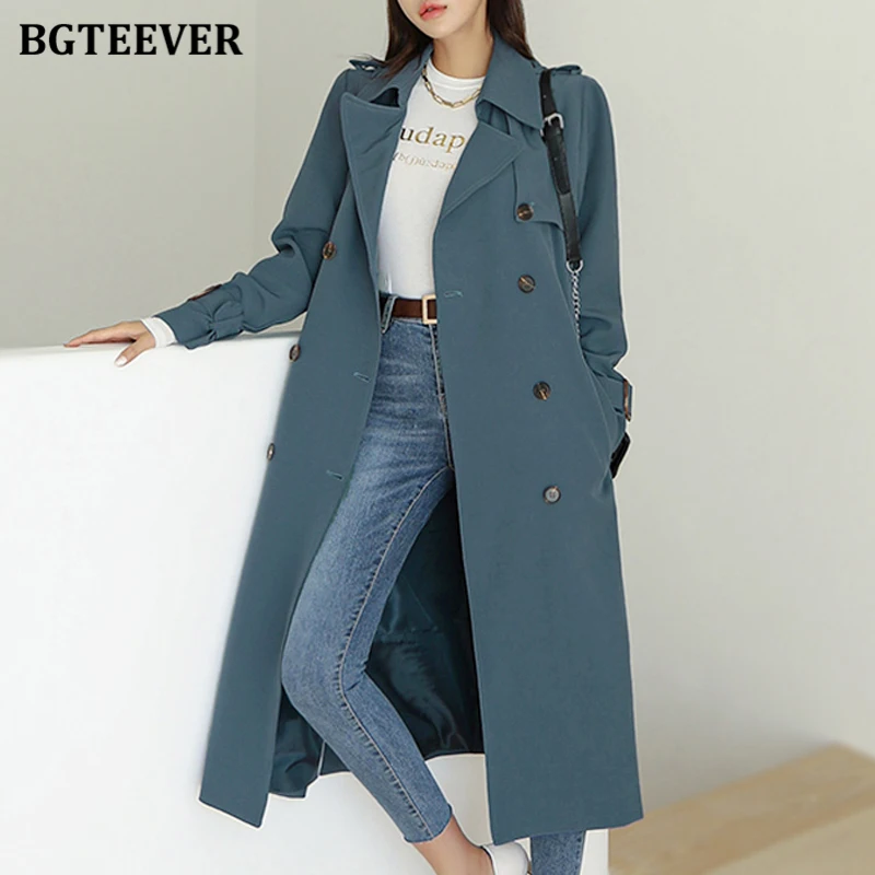 BGTEEVER Elegant Lapel Female Windbreaker Long Sleeve Loose Belted Double Breasted Women Trench Coats Autumn Winter Overcoats