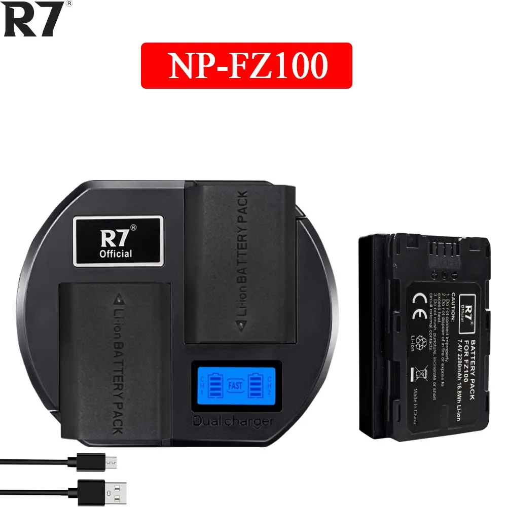 

R7 2280mAh NPFZ100 NP-FZ100 Battery + LCD Dual Charger for Sony BC-QZ1, a9, a7R III, a7 III,A6600