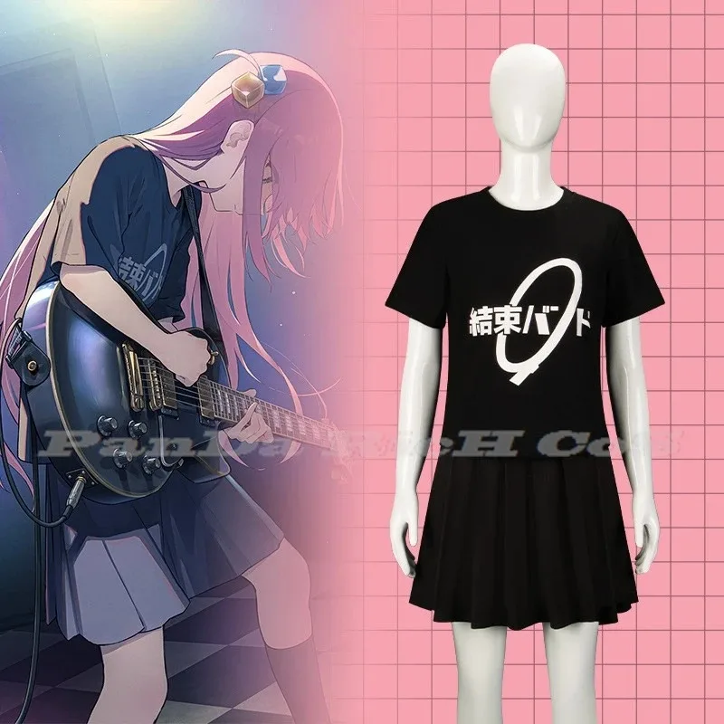 qq023ユニセックスアニメcos-bocchi-the-rock-一人後藤-ijichi-nijika-黒衣装綿カジュアルショート-tシャツスカート女性ハロウィン