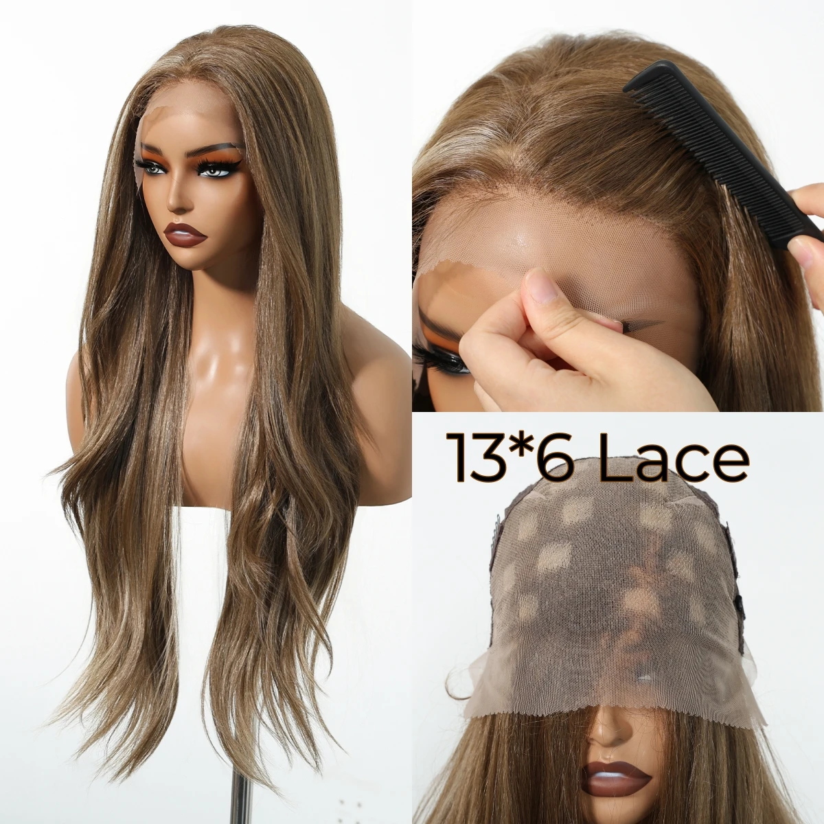 13*6 Lace Front Synthetic Wigs 30Inch Ash Blonde Highlight Brown Layered Women Wig Heat Resistant Cosplay Party Daily Fake Hair