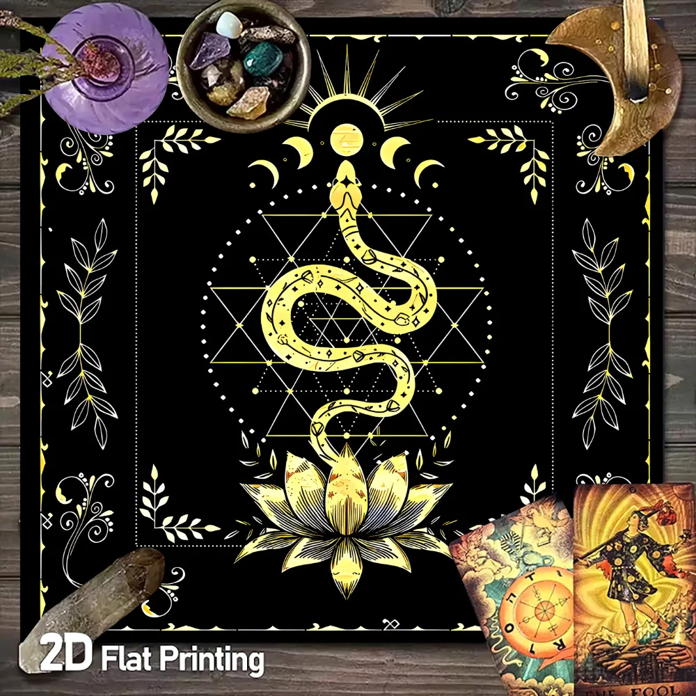 VIKAMA Golden Snake Lotus Tarot Tablecloth Occult Sacred Ritual Mat Witchcraft Spiritual Altar Background Cloth
