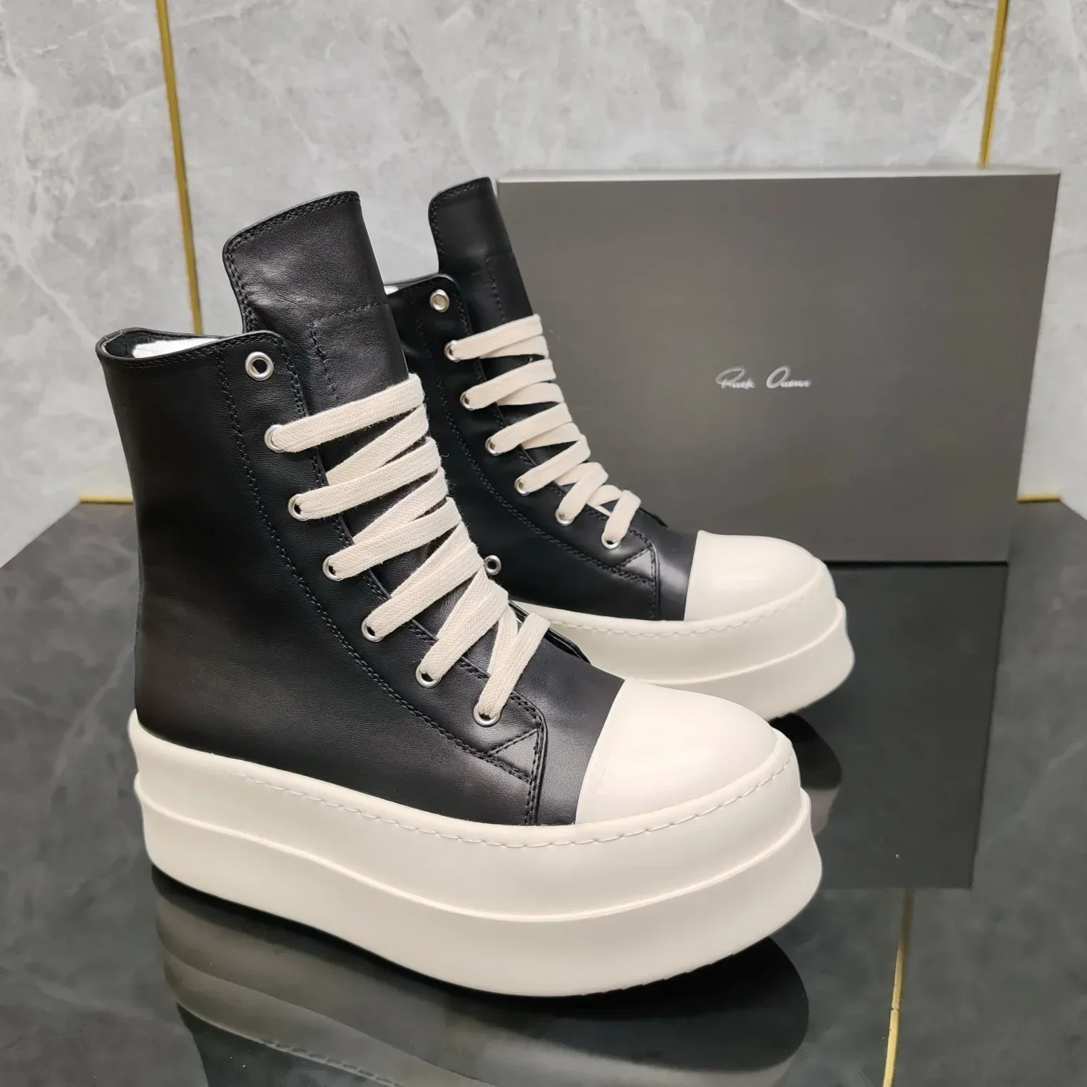 

2025 NEW Ricks Niche Shoes Black Zipper High-top Joker Casual Increase The Trend of Leather Thick Soleplate Shoes.