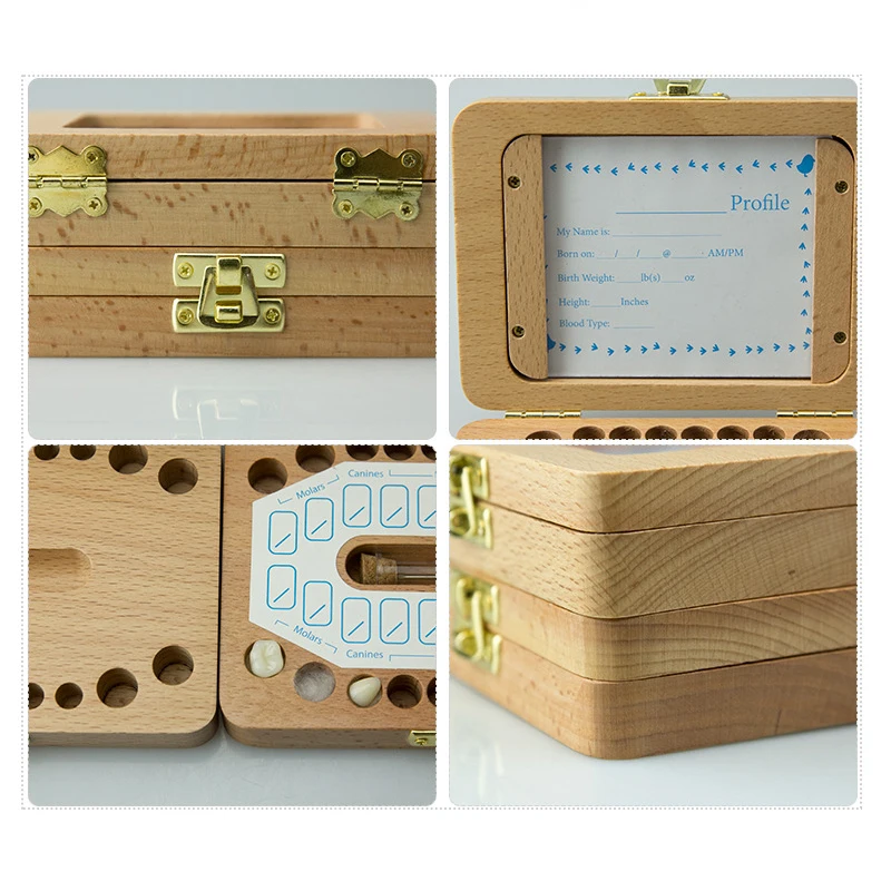 Baby Wood Tooth Box denti Keepsake Box Photo Frame denti Lanugo Holders contenitore Organizer lingua spagnolo inglese giapponese