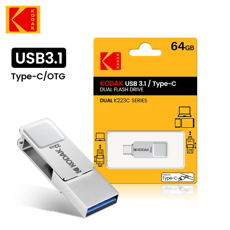 محرك فلاش كوداك USB3.0 من النوع C اثنان في واحد 223c 256 جيجابايت 128 جيجابايت 32 جيجابايت بندريف عالي السرعة عصا ذاكرة مزدوجة للهواتف الذكية والكمبيوتر المحمول
