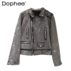 European and American Style Heavy Industry Rhinestone Short Coat 2024 Autumn New Full Diamond Oblique Zipper Jacket for Women