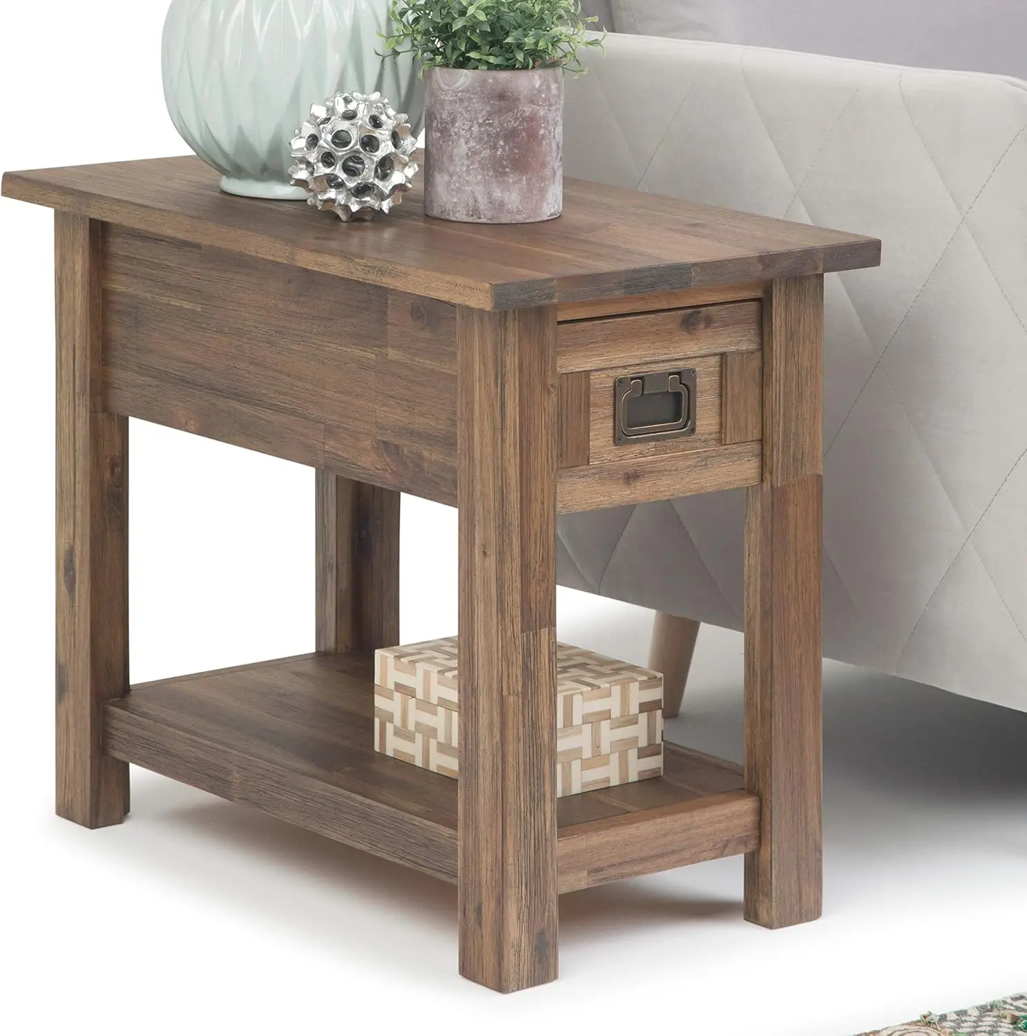 Monroe SOLID ACACIA WOOD 14 Inch Wide Rectangle Rustic Narrow Side Table in Rustic Natural Aged Brown, For the Living Room and B