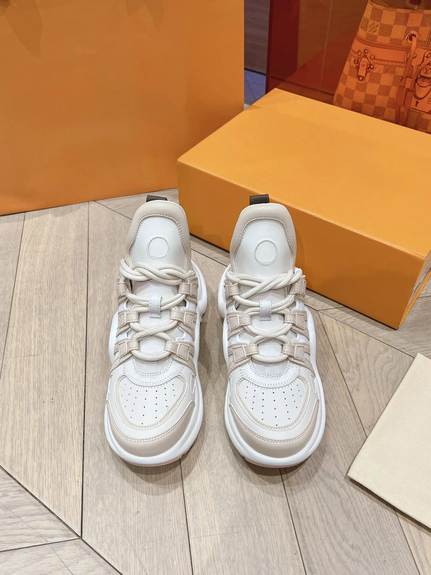 Unisex Cream White Beige Patchwork Chunky Sneakers Perforated Leather Upper Multi Strap Lace Up Thick Sole Casual Walking Shoes
