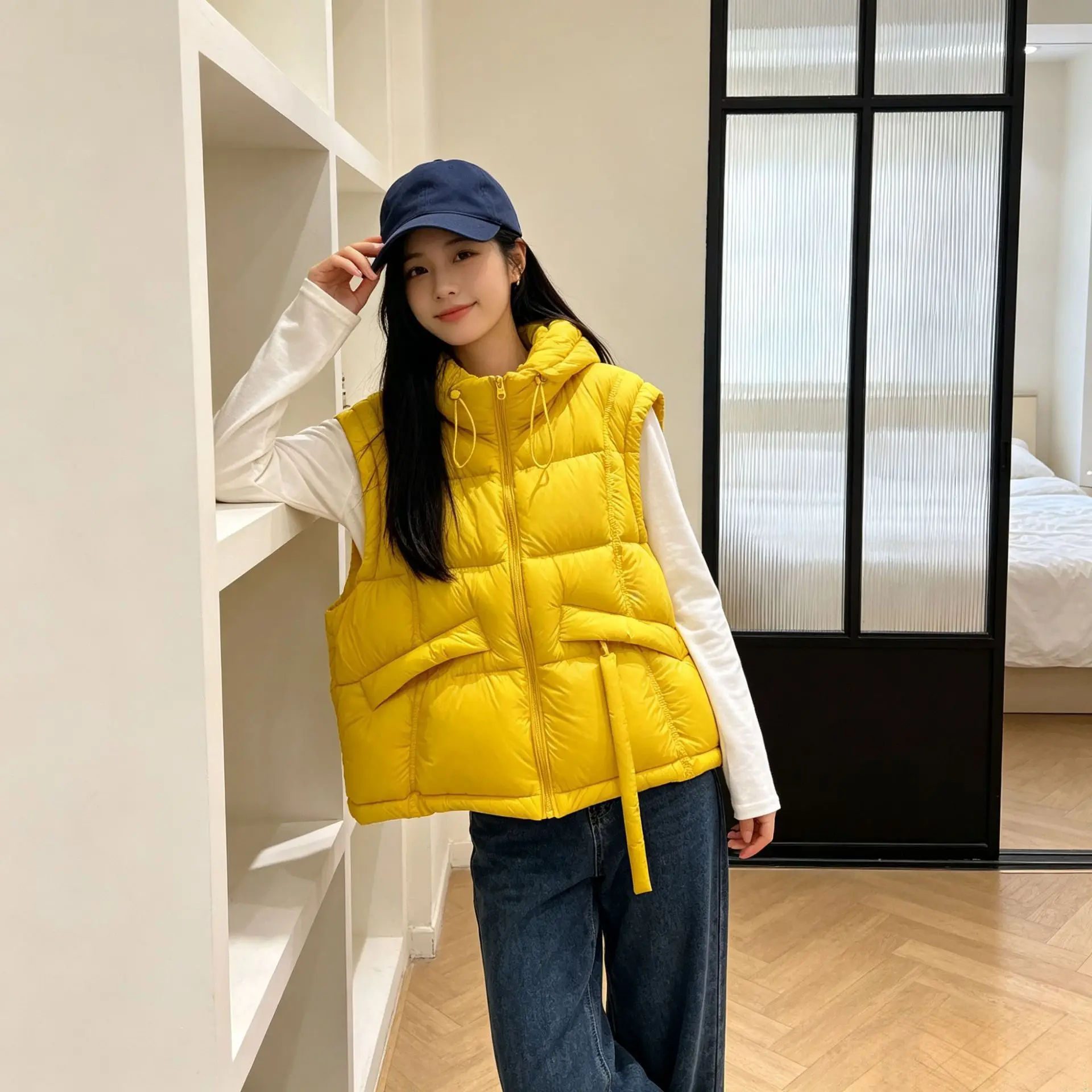 Winter New Women's Hooded Drawstring Sleeveless Padded Vest Loose Warm Windproof Elegant Versatile Daily Wear Cotton Waistcoat