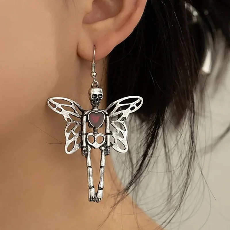 Dark Gothic Halloween Skull Skeleton Butterfly Dangle Earrings For Women Hollow out Big Earring Silver Color Fashion Jewelry