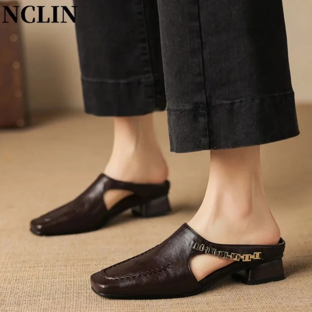 2026 New French Retro Brown Leather Mules Women Metal Chain Square Toe Low Block Heel Slip-on Casual Summer Shoes