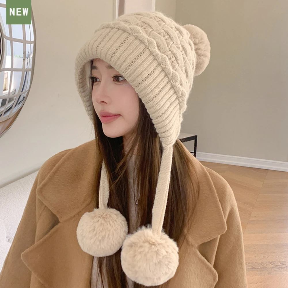 

HT4534 Three Fur Pompoms Beanie Hat Women Thick Warm Knitted Hats for Winter Fleece Lined Skullies Beanies Lady Ski Earflap Caps