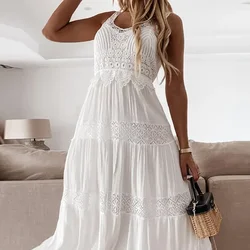 Sleeveless Lace High Waist Split Women O Neck White Sexy Fashion Loose Long Dress Summer